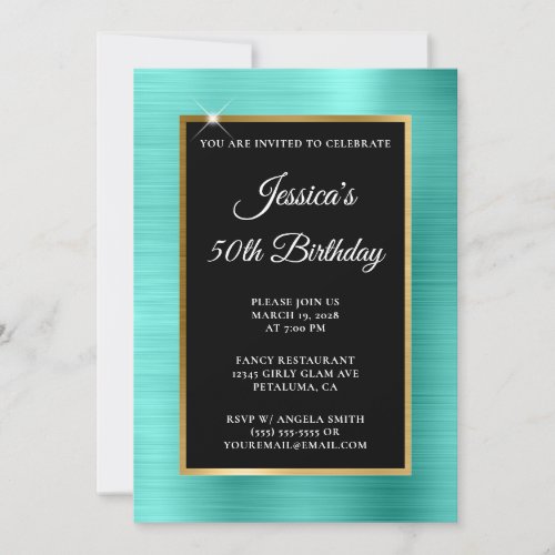 Turquoise and Gold Foil Black 50th Birthday Invitation