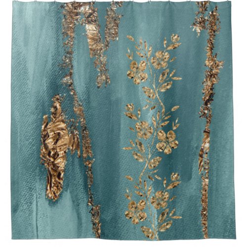 Turquoise and Gold Foil Flowers Shower Curtain