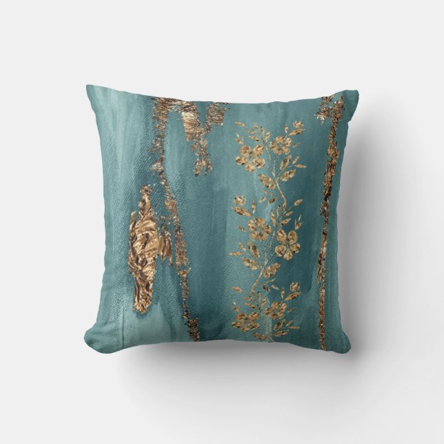 Turquoise and Gold Foil Flowers Throw Pillow (Front)