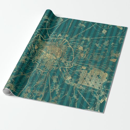 Turquoise and Gold Foil Vintage Map Wrapping Paper