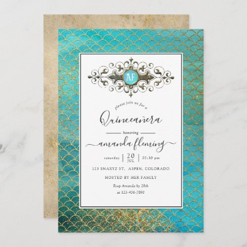 Turquoise and Gold Gemstone Mermaid Quinceaera Invitation
