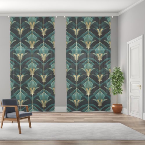 Turquoise and Gold Geometric Art Deco Pattern Sheer Curtains