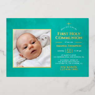 Turquoise and Gold Geometric Floral Holy Communion Foil Invitation