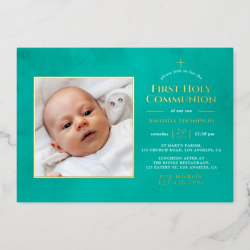 Turquoise and Gold Geometric Floral Holy Communion Foil Invitation
