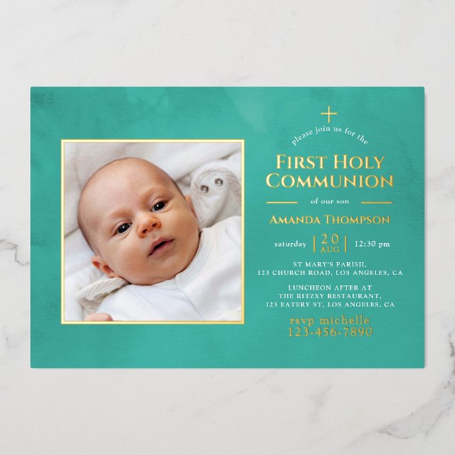 Turquoise and Gold Geometric Floral Holy Communion Foil Invitation (Front)