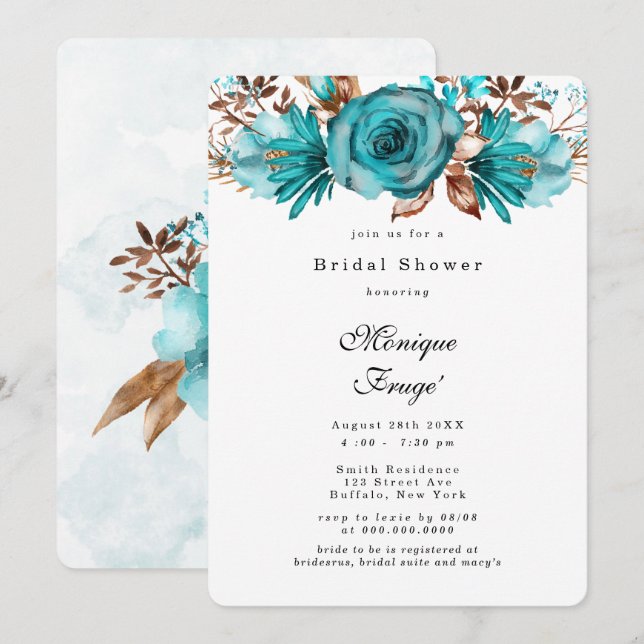 Turquoise and Gold Geometric Peony Bridal Shower I Invitation (Front/Back)