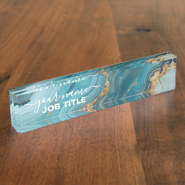 Turquoise and Gold Glitter Agate  Desk Name Plate (Side)