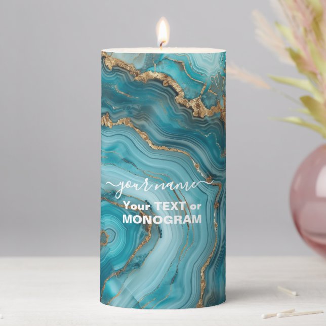 Turquoise and Gold Glitter Agate  Pillar Candle (In Situ)