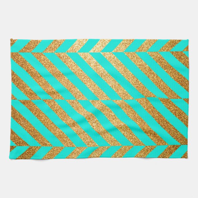 Turquoise and Gold Glitter Chevron Striped Pattern Kitchen Towel (Horizontal)