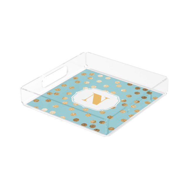 Turquoise and Gold Glitter City Dots Monogram Tray (Angled)