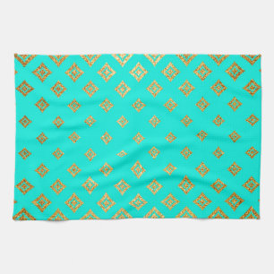 Turquoise and Gold Glitter Diamond Pattern Kitchen Towel