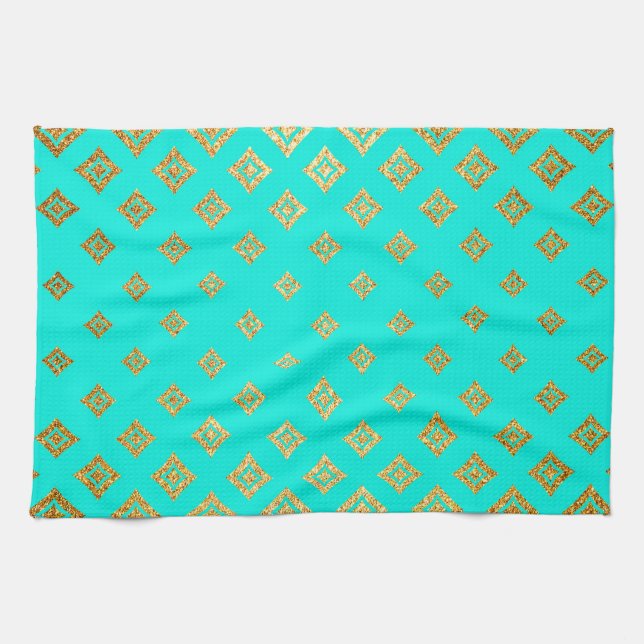 Turquoise and Gold Glitter Diamond Pattern Kitchen Towel (Horizontal)