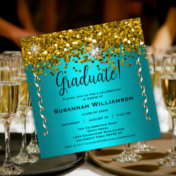 Turquoise And Gold Glitter Graduation Party Invitation by GraphicAllusions at Zazzle