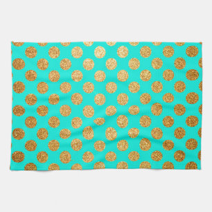 Turquoise and Gold Glitter Polka Dot Pattern Kitchen Towel