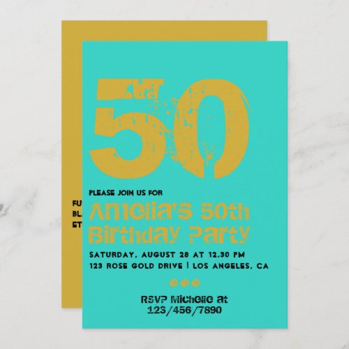Turquoise and Gold Grunge Typography Birthday Invitation