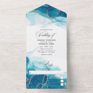 Turquoise and Gold Ink Wedding All In One Invitati All In One Invitation