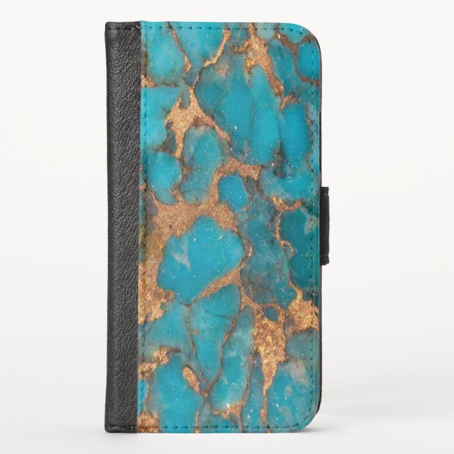Turquoise And Gold iPhone Wallet Case (Front)