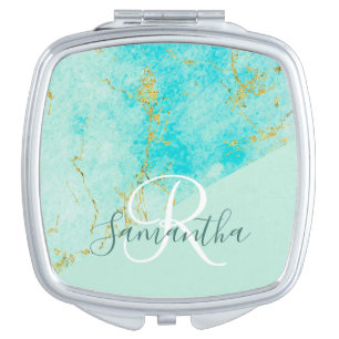 Turquoise and Gold Marble Monogram compact mirror