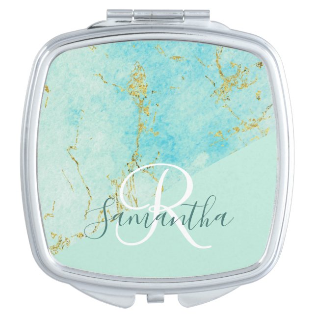 Turquoise and Gold Marble Monogram compact mirror (Front)