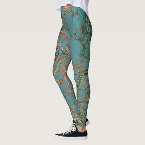 Turquoise and Gold Marbled Leggings