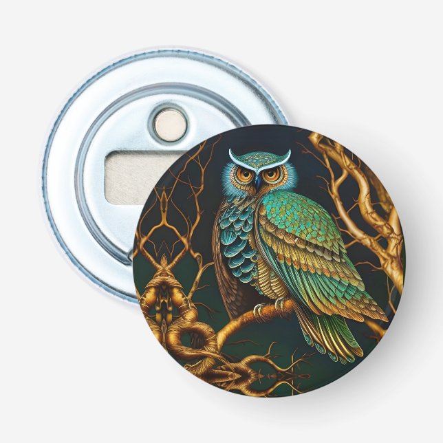 Turquoise and Gold Owl Bottle Opener (Front)