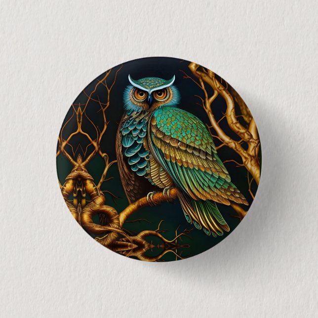 Turquoise and Gold Owl Button (Front)