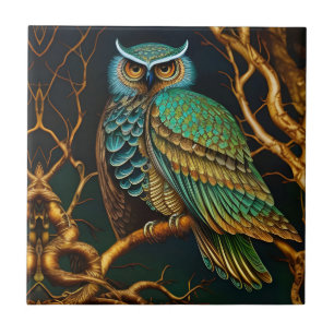 Turquoise and Gold Owl Ceramic Tile