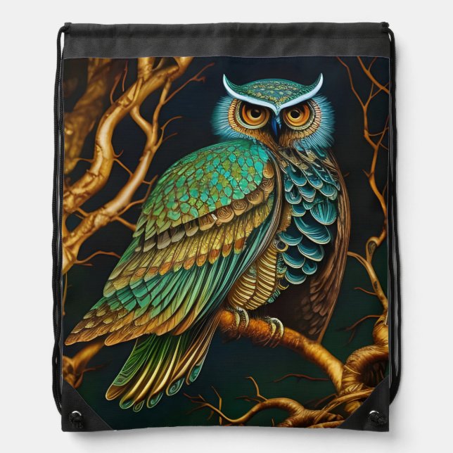 Turquoise and Gold Owl Drawstring Bag (Front)