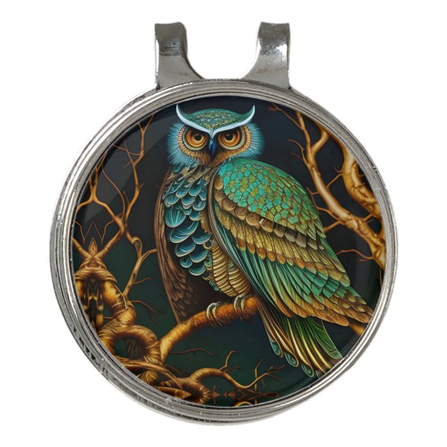 Turquoise and Gold Owl Golf Hat Clip (Front)