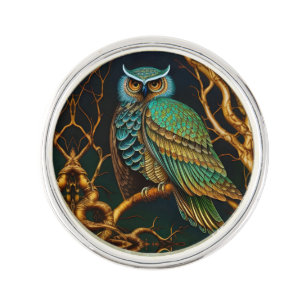 Turquoise and Gold Owl Lapel Pin