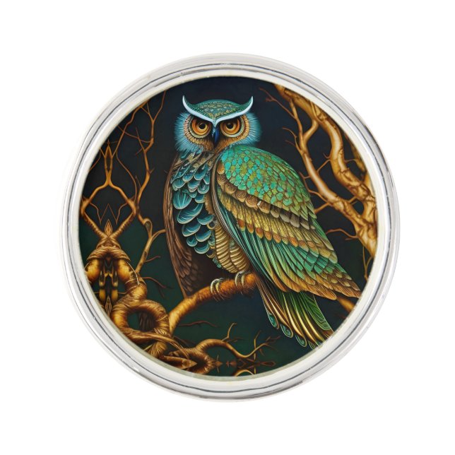 Turquoise and Gold Owl Lapel Pin (Front)