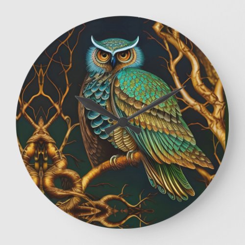 Turquoise and Gold Owl Large Clock