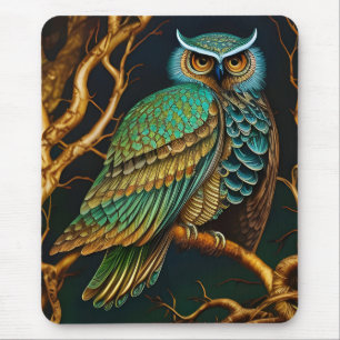 Turquoise and Gold Owl Mouse Pad