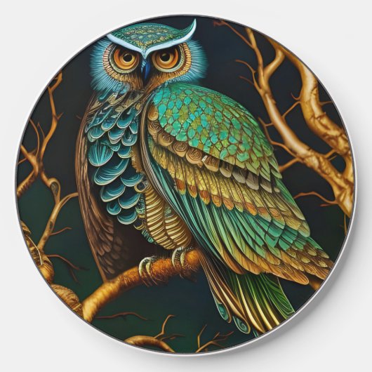 Turquoise and Gold Owl Wireless Charger (Front)