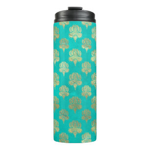 Turquoise and Gold Peacock Grunge Damask Thermal Tumbler