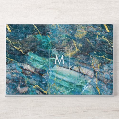 Turquoise and Gold Printed Marble Texture Monogram HP Laptop Skin