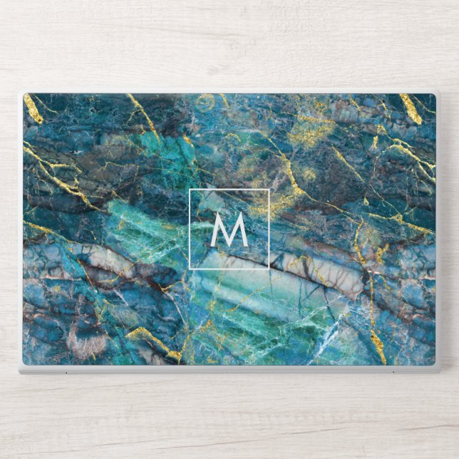 Turquoise and Gold Printed Marble Texture Monogram HP Laptop Skin (Front)