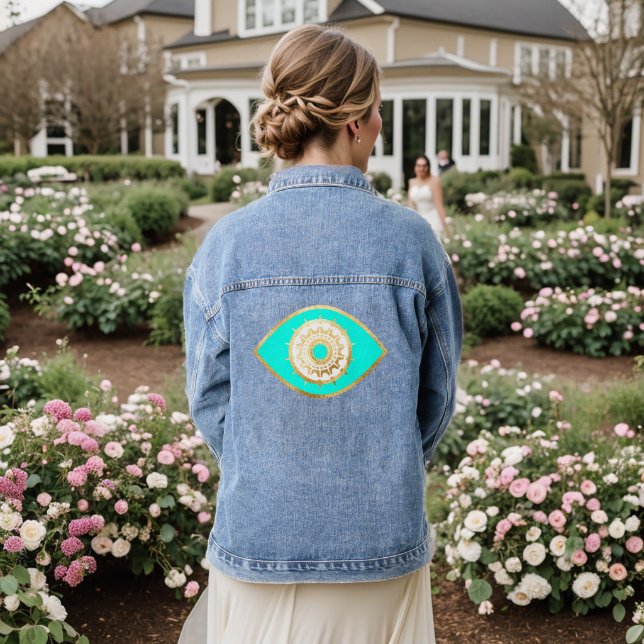 Turquoise and Gold Third Eye Denim Jacket (Wedding Back)