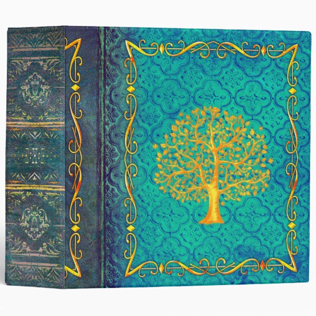 Turquoise and Gold Tree Faux Leather Ancient Tome 3 Ring Binder (Front/Spine)