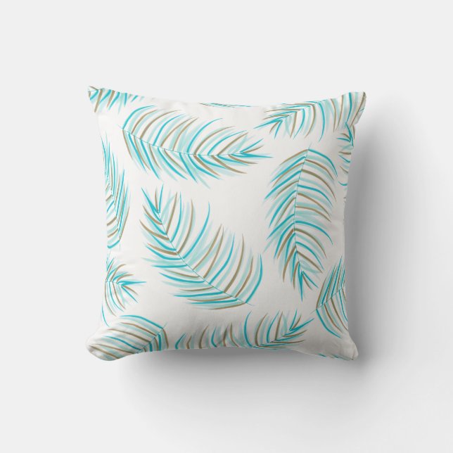 Turquoise and Gold Tropical Palm Leaves Pattern Throw Pillow (Front)