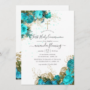 Turquoise and Gold Vintage Floral Holy Communion Invitation