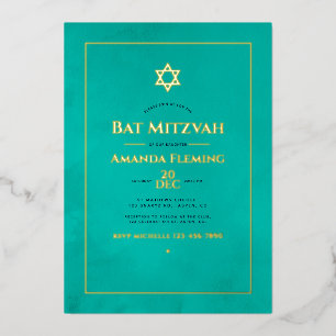 Turquoise and Gold Watercolor Bat Mitzvah Photo Fo Foil Invitation