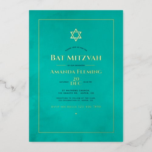 Turquoise and Gold Watercolor Bat Mitzvah Photo Fo Foil Invitation