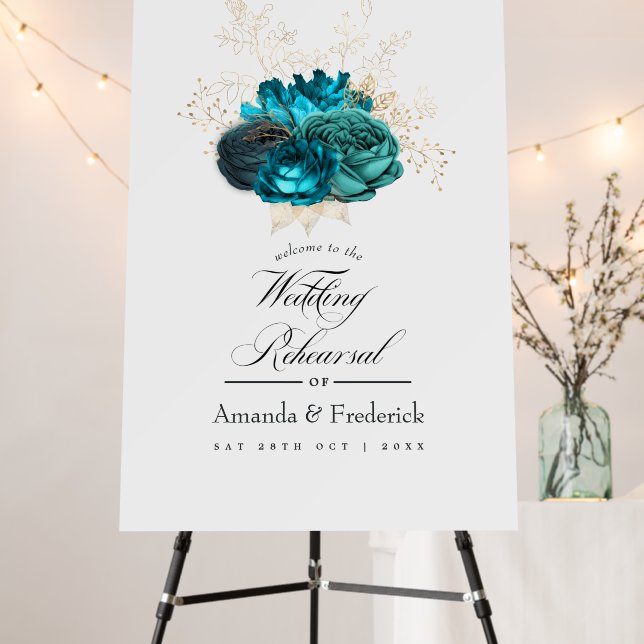 Turquoise and Gold Wedding Rehearsal Welcome Foam Board (In Situ (Stand))