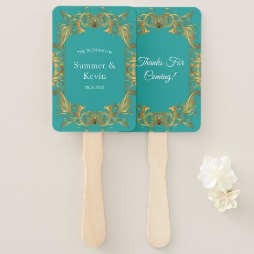 Turquoise and Gold Wedding Thank You Hand Fan