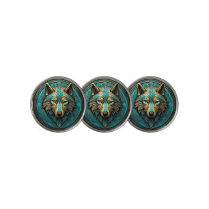Turquoise and Gold Wolf Golf Ball Marker