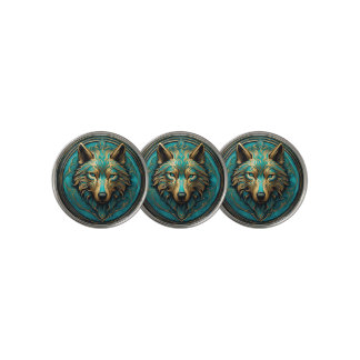 Turquoise and Gold Wolf Golf Ball Marker