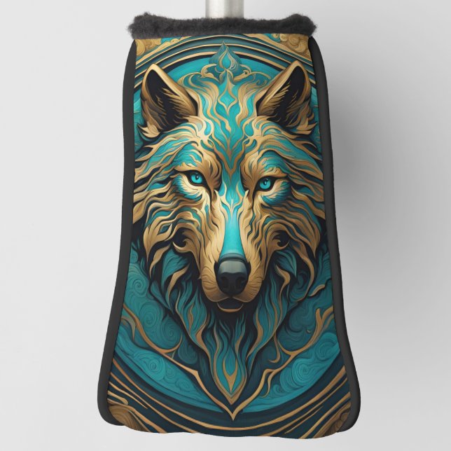 Turquoise and Gold Wolf Golf Head Cover (Rotate 90)