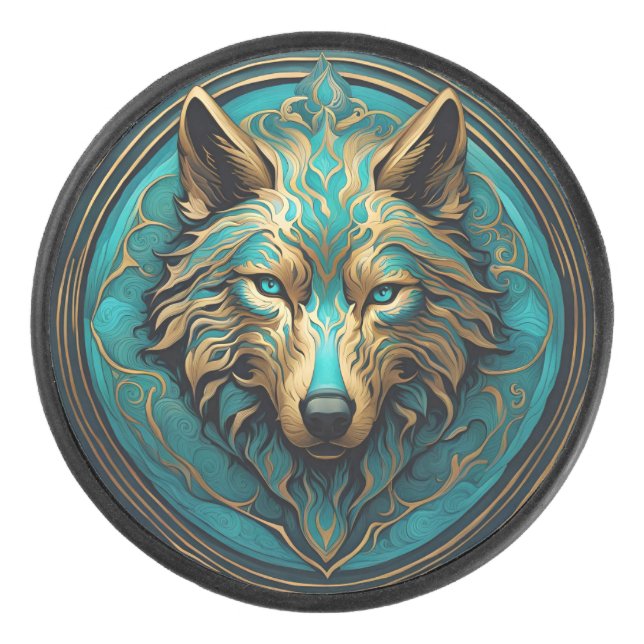 Turquoise and Gold Wolf Hockey Puck (Front)