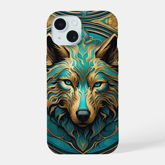 Turquoise and Gold Wolf Iphone Case (Back)